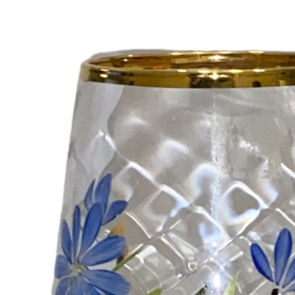 Tall Large Clear Glass Flower Vase Hand Painted Floral BLue Green Gold Signed - Picture 6 of 6